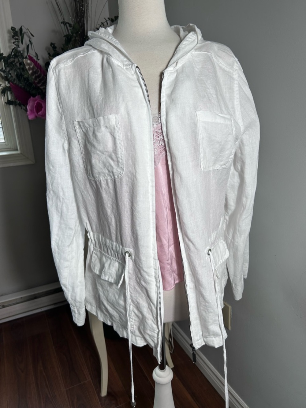 Cynthia Rowley White 100% Linen Hooded Utility Jacket Size XL Cargo Safari